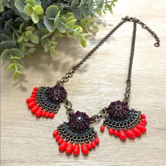 J. Crew Tribal Inspired Neon & Amethyst Statement Necklace - Picture 1 of 4